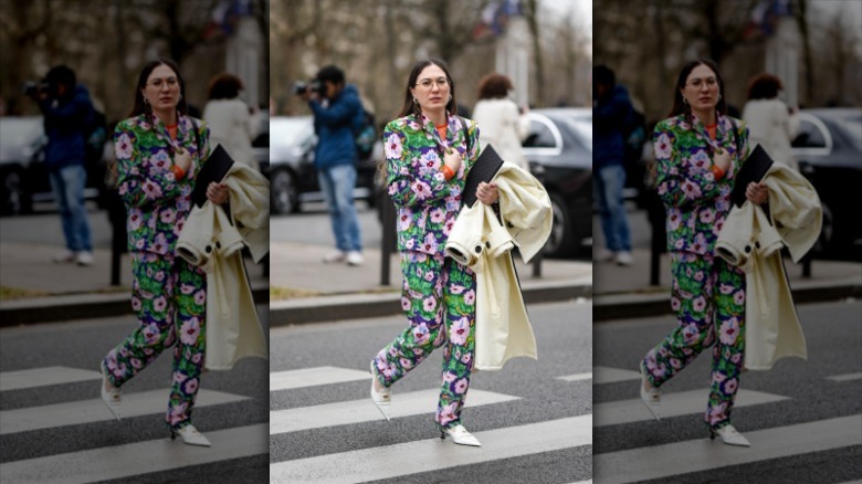 woman with floral printed suit