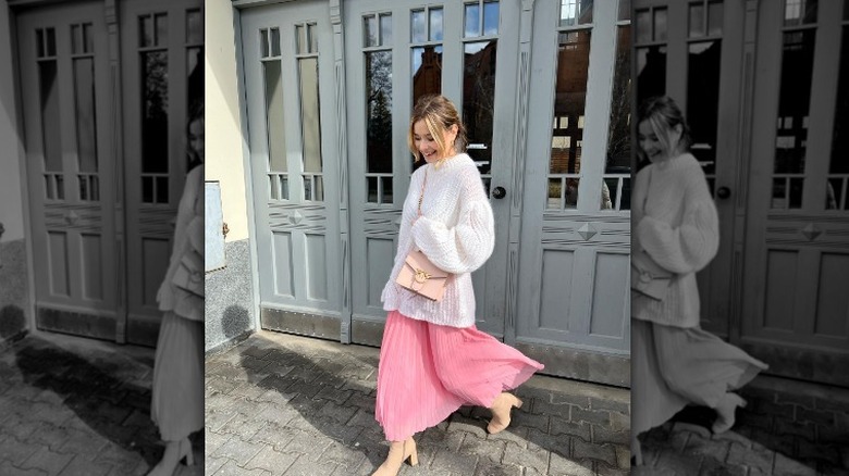 Woman in long skirt and sweater