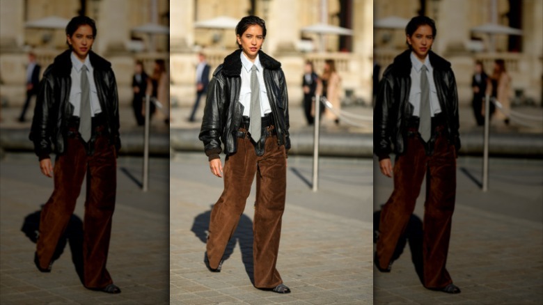 guest wearing brown leather pants 