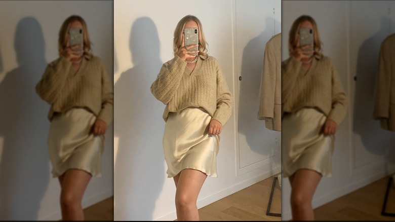 beige polo sweater with satin skirt