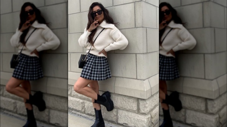 polo sweater with plaid skirt
