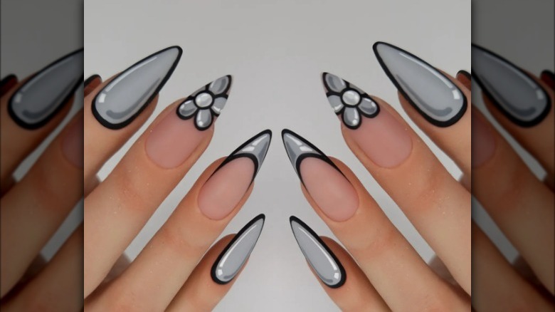 Gray flower pop art nails