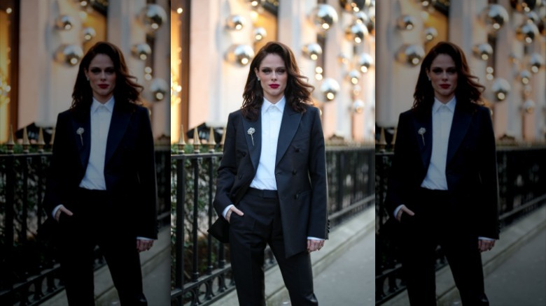 woman with suit and brooch