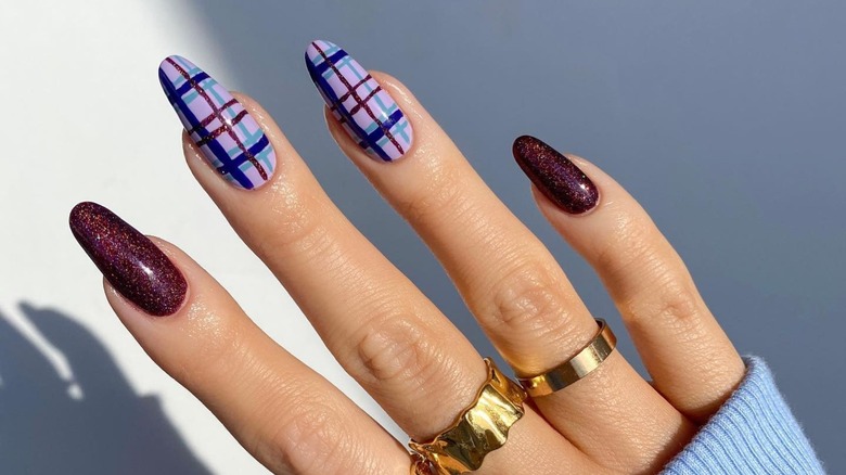purple and blue plaid nails