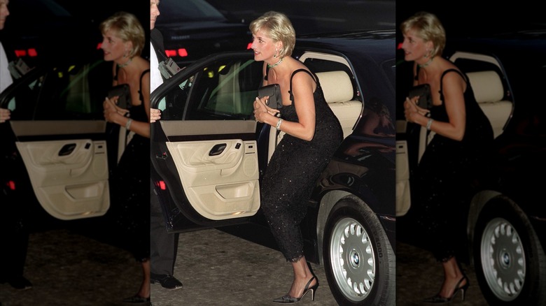 Princess Diana exiting car with clutch