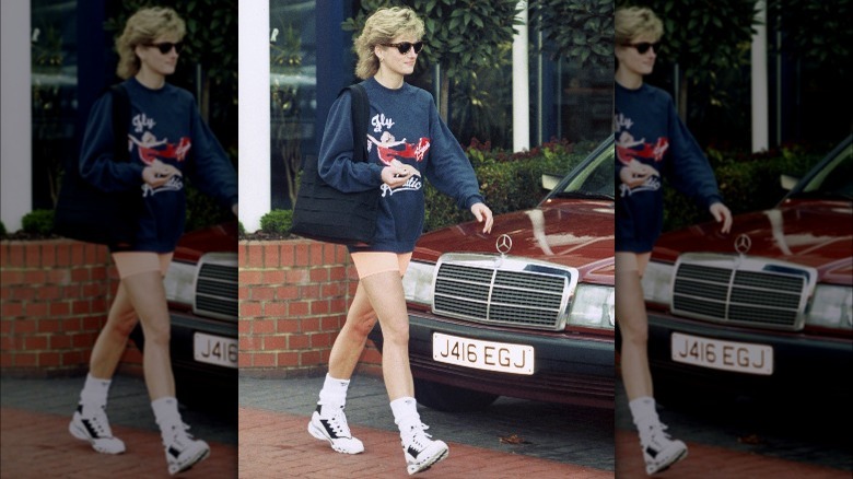 Princess Diana in crewneck sweatshirt and biker shorts