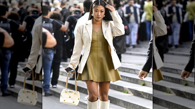 Woman wearing leather dress and blazer