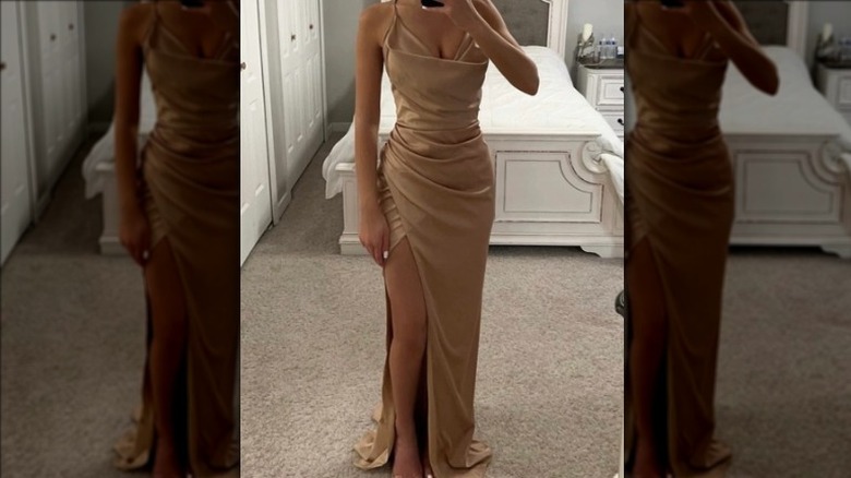 Silky tan column dress