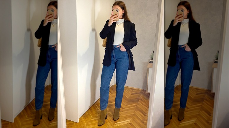Minimalistic outfit with dark-wash jeans