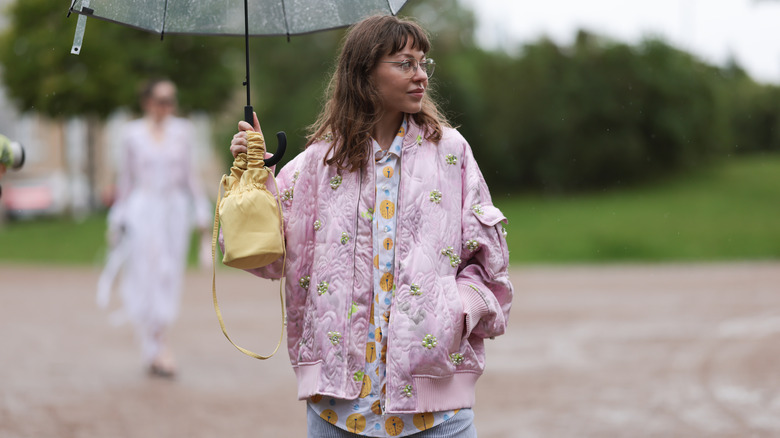 woman wearing printed quilted jacket