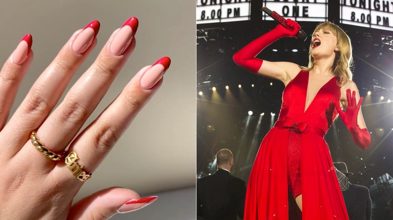 Red French manicure beside Taylor Swift in red gown