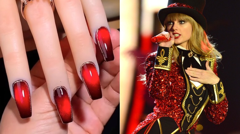 Deep red manicure beside Taylor Swift ringmaster outfit