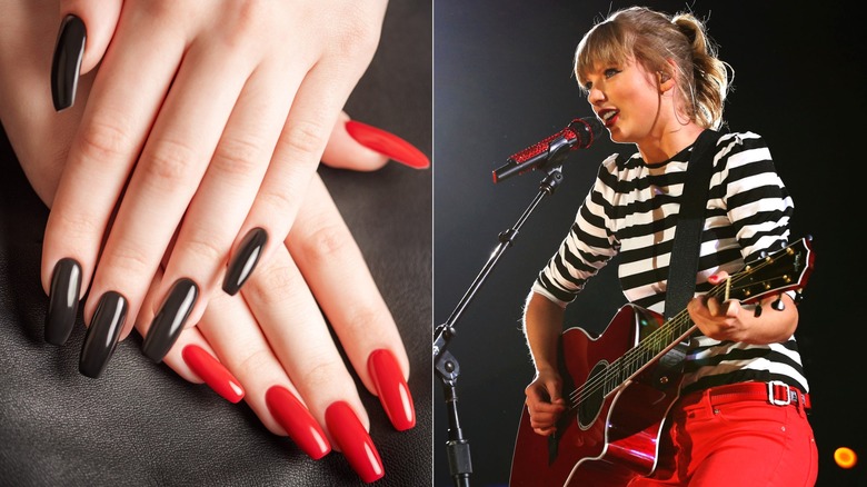 Black and red manicure beside Red-era Taylor Swift