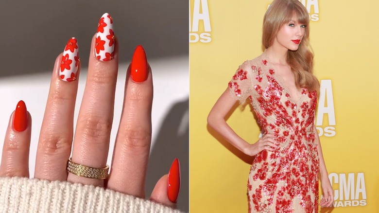 Red floral manicure and Taylor Swift in floral gown
