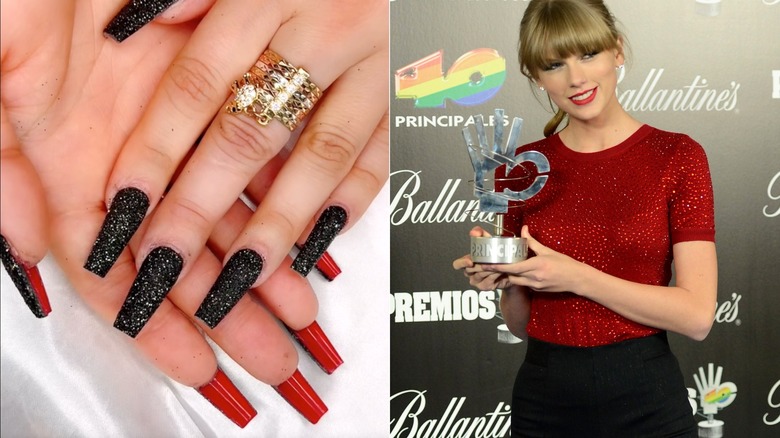 Sparkly black manicure beside Taylor Swift in red top