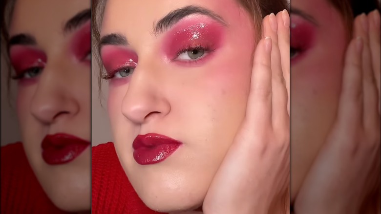 Red makeup and outfit