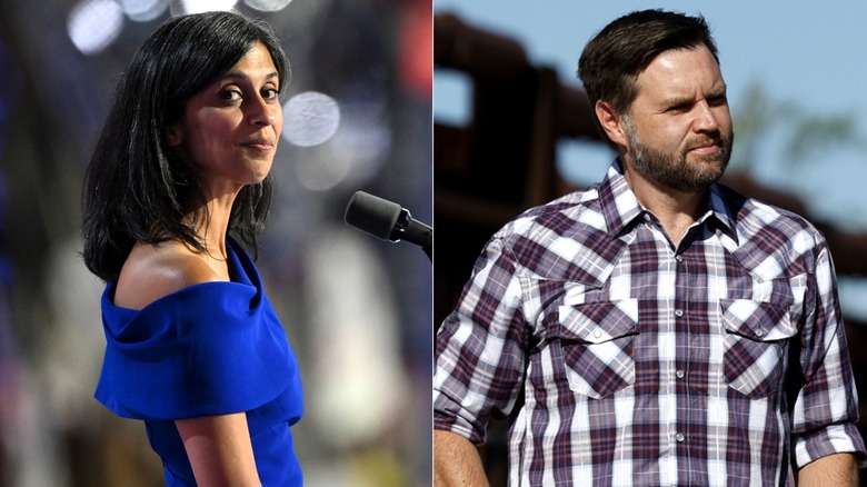 Side-by-side of Usha Vance in a blue gown and JD Vance in a flannel shirt.