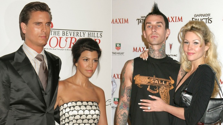 Kourtney Kardashian and Scott Disick, and Travis Barker and Shanna Moakler posing on a red carpet.