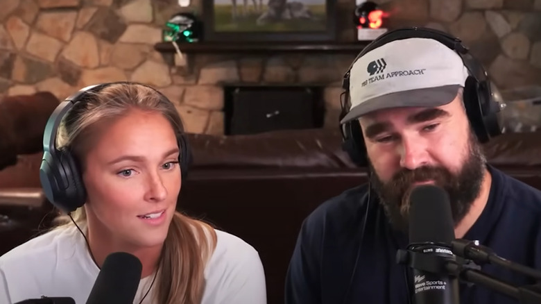 Kylie and Jason Kelce listening on New Heights podcast