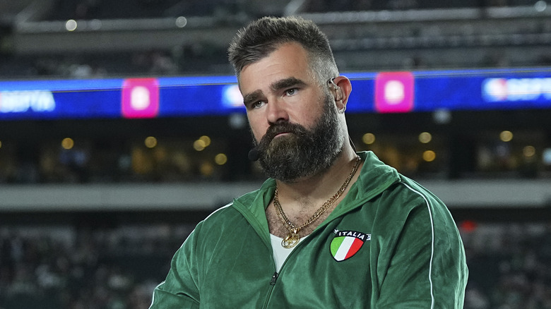 Jason Kelce wearing a green sweatsuit with an Italia logo