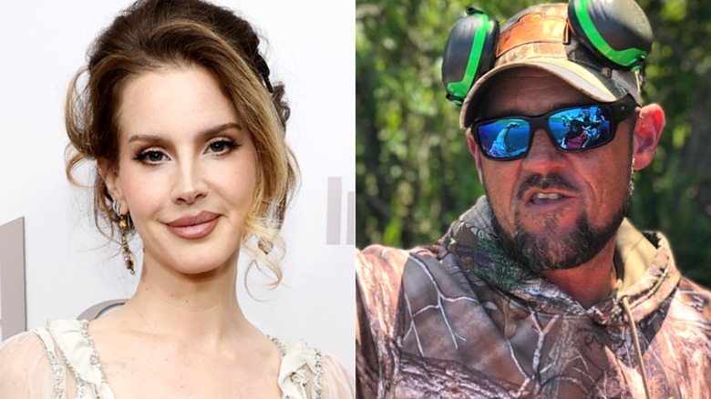 Side-by-side of Lana Del Rey on the red carpet and Jeremy Dufrene wearing camouflage.