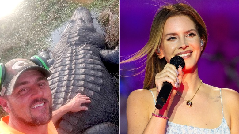 Side-by-side of Jeremy Dufrene with an alligator and Lana Del Rey performing onstage.