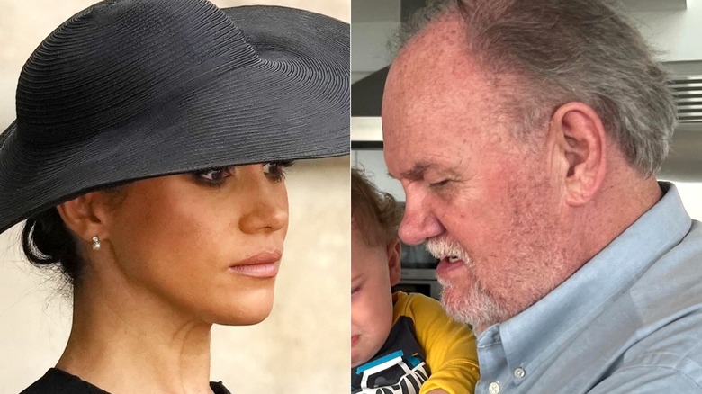 Side-by-side of Meghan Markle wearing a black hat and her father, Thomas Markle.