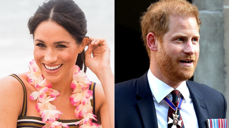 Side-by-side of Meghan Markle at the beach and Prince Harry at St. Paul's Cathedral.