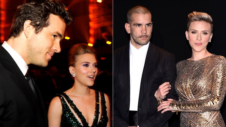 Side-by-side of Scarlett Johansson with ex-husband Ryan Reynolds and ex-husband Romain Dauriac.