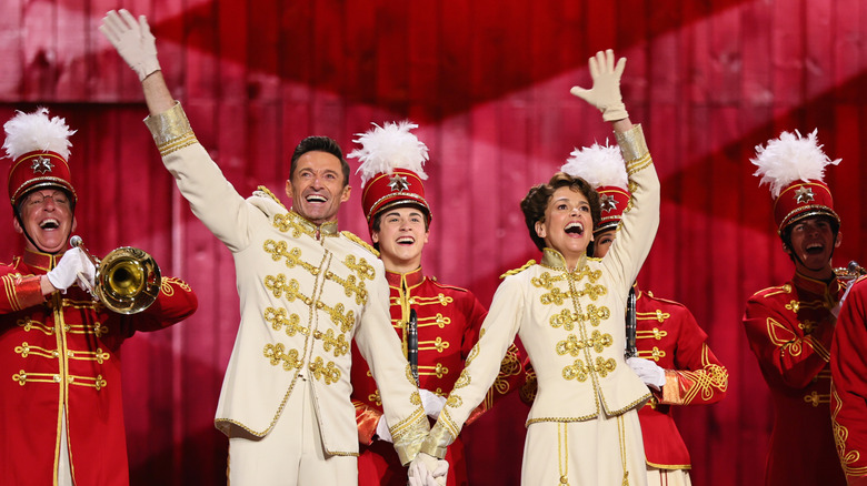 Sutton Foster and Hugh Jackman on stage together.