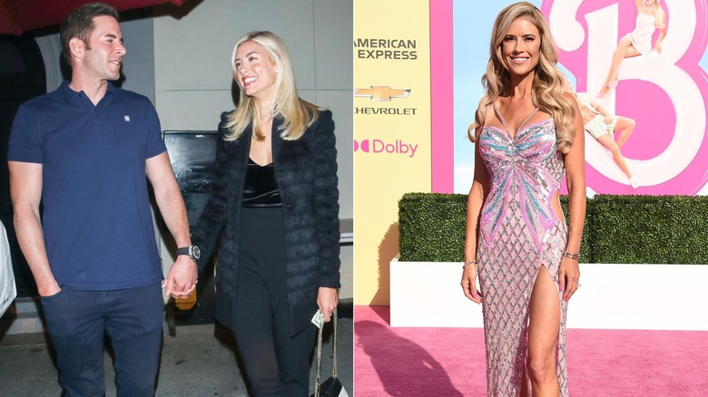 Tarek and Heather Rae El Moussa posing together in front of paparazzi, and Christina Hall in a pink-and-blue gown walking the pink carpet at the "Barbie" premiere