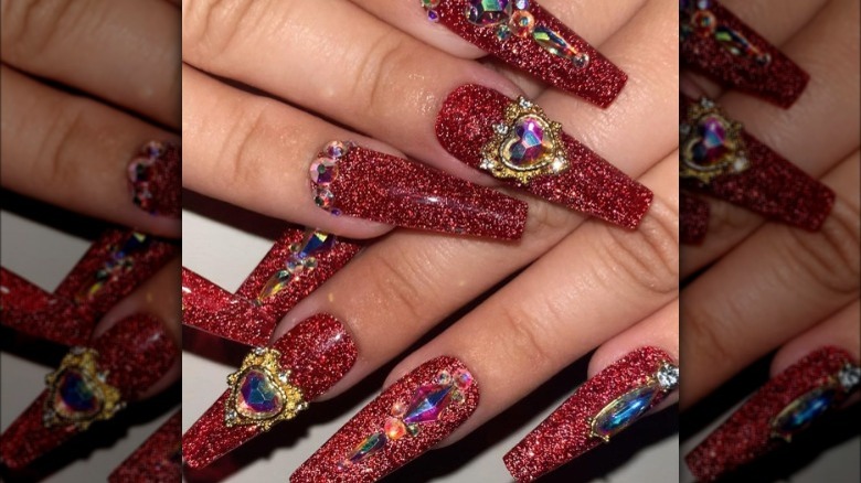 Red glitter nails with jewels