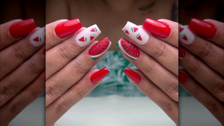 Red nails with watermelon accent