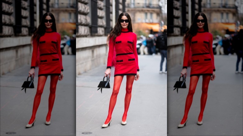 woman wearing all red ensemble