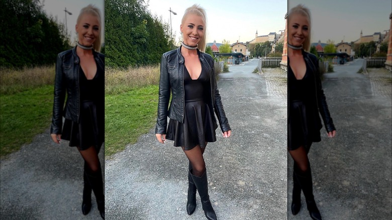 Leather dress with jacket and boots