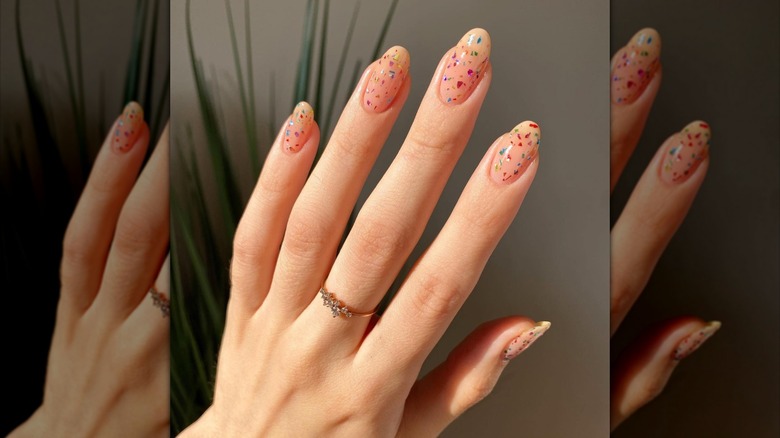 rounded nude nails colorful gems