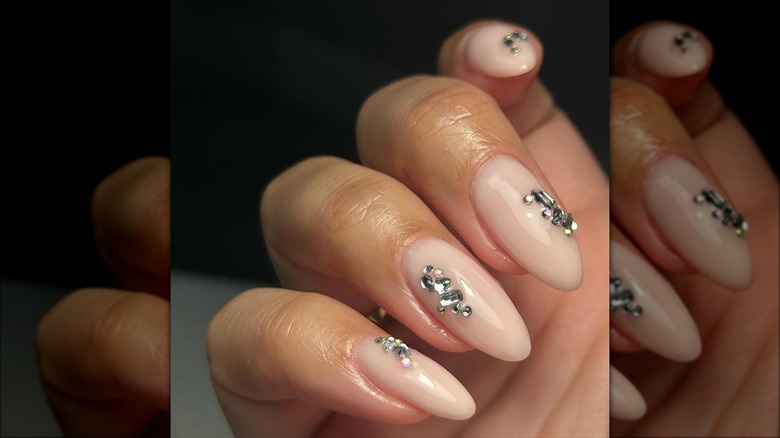 nude almond nails silver rhinestones