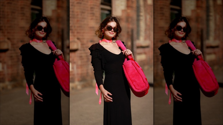 Woman wearing ribbon as scarf