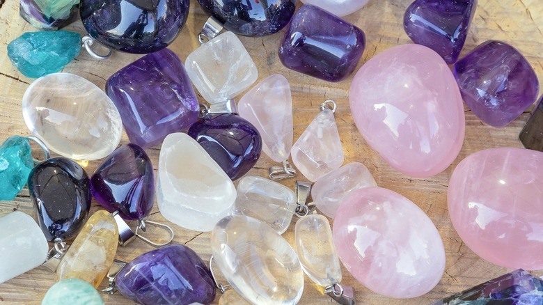 rose quartz with crystals on tray