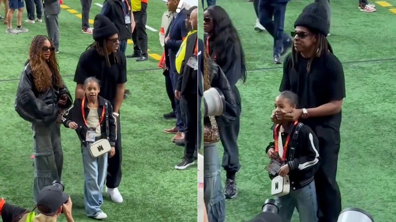 Jay-Z with his daughters, Blue Ivy and Rumi Carter, at the 2025 Super Bowl