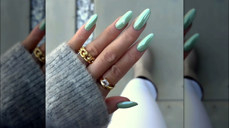 Sage green chrome nails