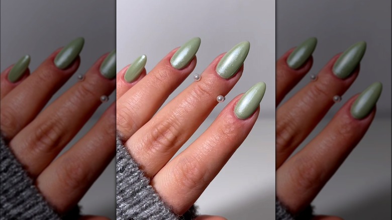 Sage green chrome nails