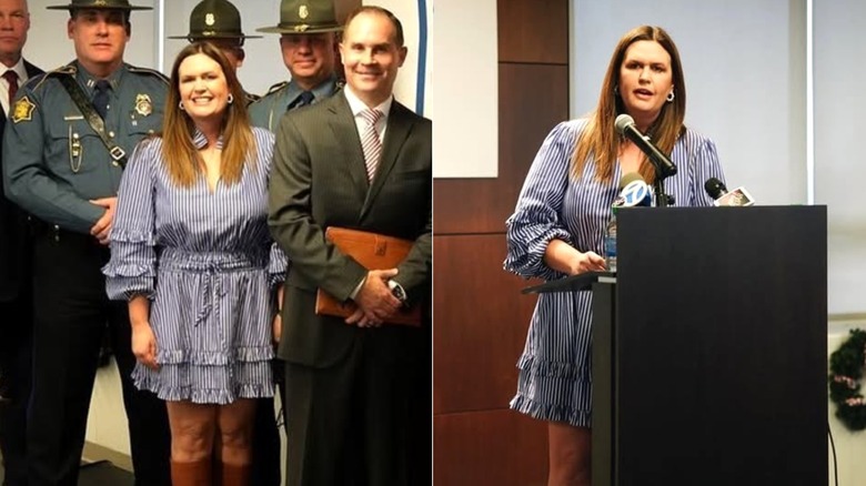 Side-by-side of Sarah Huckabee Sanders wearing a short prairie dress at a press conference.