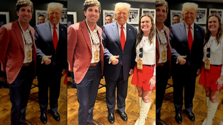 Sarah Huckabee Sanders posing with Donald Trump and another guest at the 2025 Super Bowl.