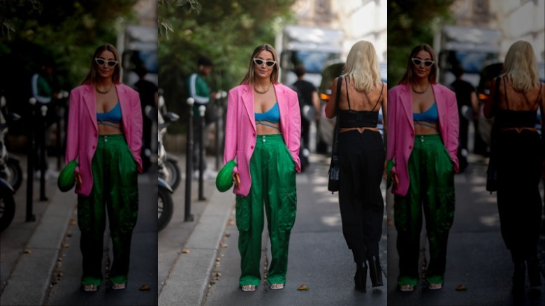 woman wearing satin cargo pants