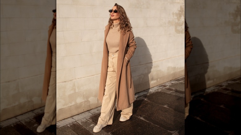 Woman wearing monochrome khaki outfit