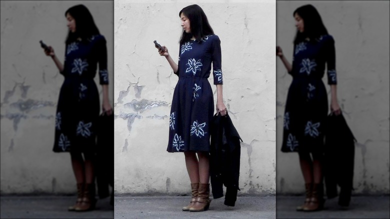 woman wearing a screen-printed dress