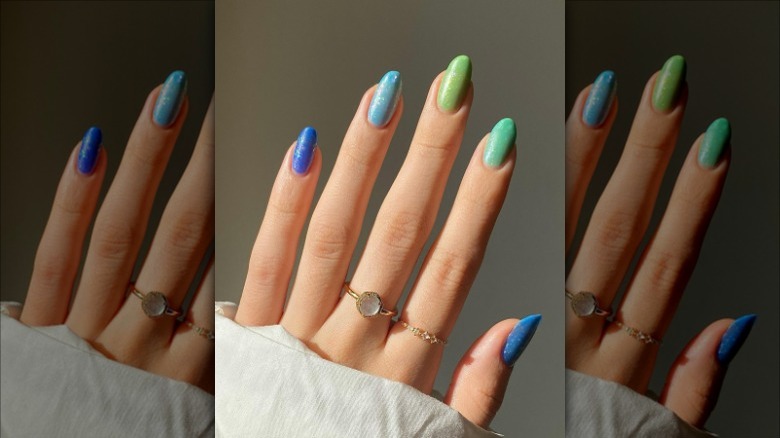 manicure in blues and greens with shimmer