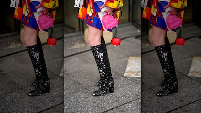 black sequined thigh-high boots