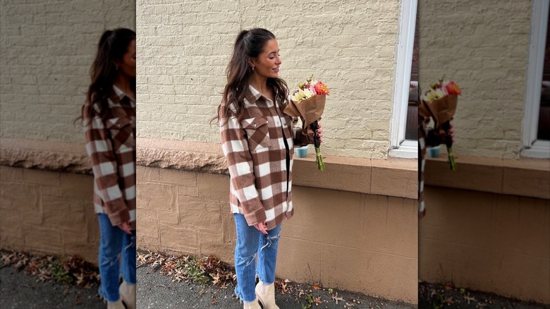 woman wearing fuzzy shacket